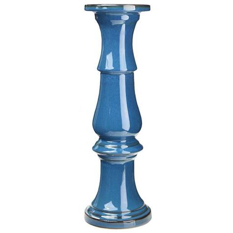 Saltoro Sherpi Ceramic Pillar Candle Holder With Pedestal Design Set Of 2 Large Blue