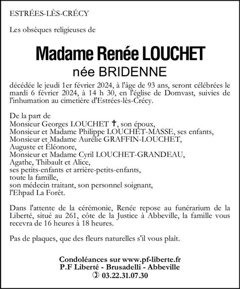 Avis De Décès De Renée Louchet Pompes Funèbres Liberté Brusadelli