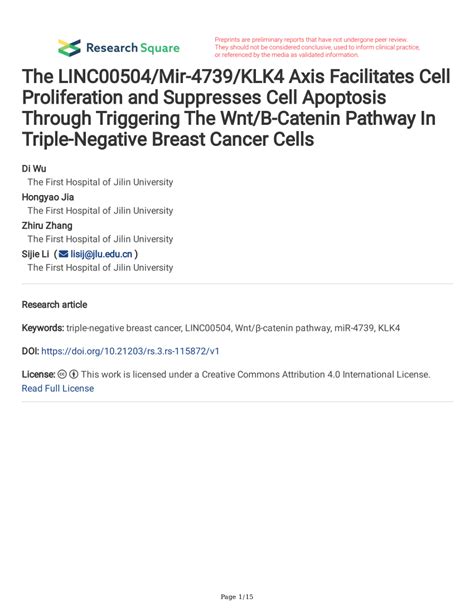 Pdf The Linc00504mir 4739klk4 Axis Facilitates Cell Proliferation