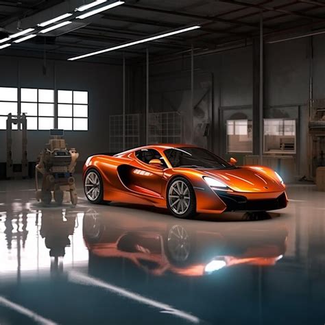 Premium AI Image | A shiny orange sports car is parked in a garage with ...