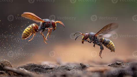 Two wasps fly over wood, showing off their intricate details in
