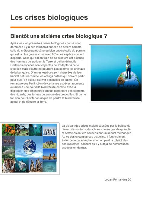 Article de journal Logan F Les crises biologiques Bientôt une sixième