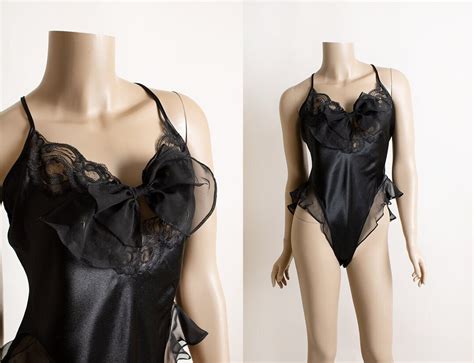 Vintage S Black Lace Teddy Lingerie Sexy High Cut Spaghetti Strap Bodysuit Sheer Ruffle Hips