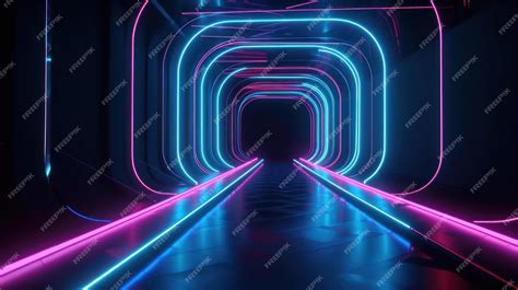 Fundo Tunel De Luzes Neon Com Raios Laser Rosa E Azul Linhas Brilhantes Renderização 3d