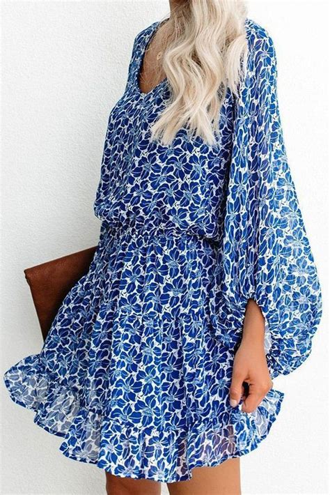 Blue V Neck Lantern Sleeves Floral Tunic Dress In 2022 Floral Tunic