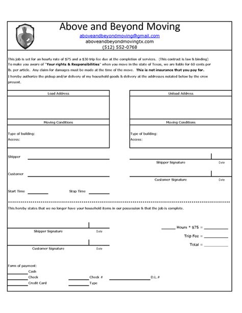 Moving Contract Free Printable Documents