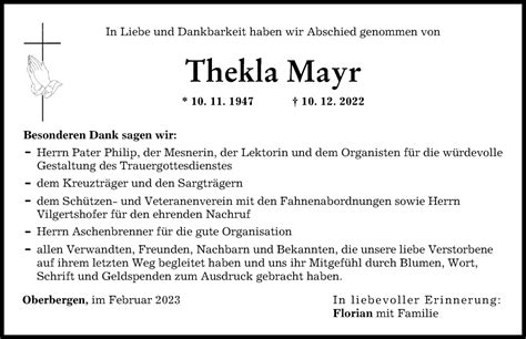 Traueranzeigen Von Thekla Mayr Allg Uer Zeitung