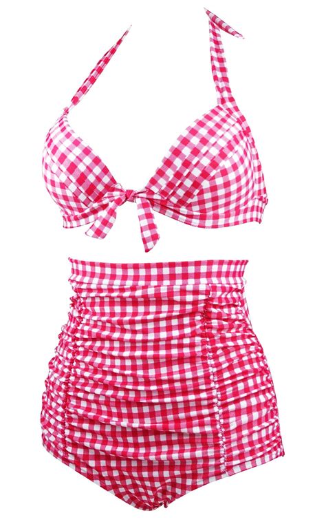 Cocoship 50s Red Gingham Vintage High Waisted Bikini Swimsuits Retro Two Piece Bathing Suit L