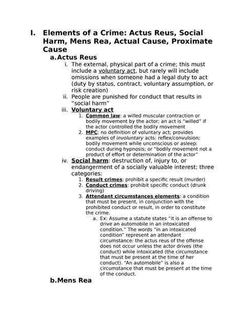 Criminal Law Final Outline I Elements Of A Crime Actus Reus Social