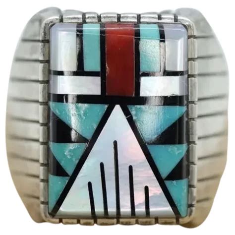 Heavy Zuni Sterling Silver Signet Ring Mop Turquoise Carnelian Inlay