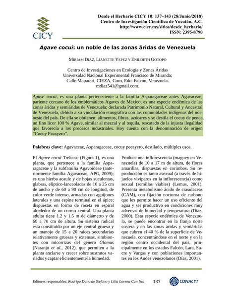 Pdf Agave Cocui Un Noble De Las Zonas Ridas De Venezuela