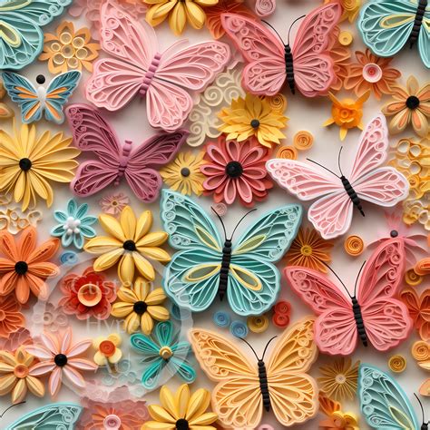 3d Quilled Butterflies And Flowers Digital Seamless Pattern Sublimation