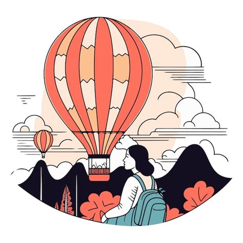 Premium Vector Vector Illustration Of A Woman In Hot Air Balloon On The Background Of Nature