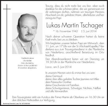 Traueranzeigen Von Lukas Martin Tschager Trauer Bz