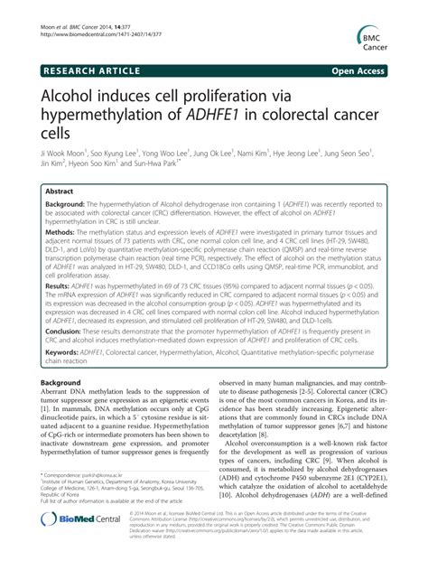 Pdf Alcohol Induces Cell Proliferation Via Hypermethylation Of Adhfe1