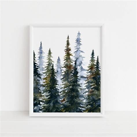 Pine Trees Watercolor Art Print Pine Tree Line Forest Wall Etsy