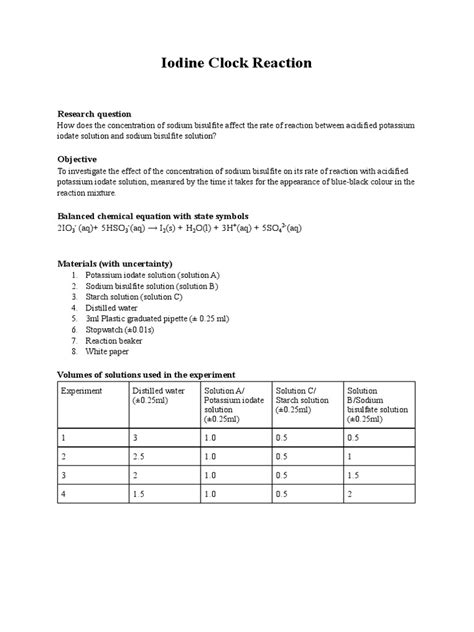 Lab Report Iodine Clock Reaction | PDF | Iodine | Chemistry