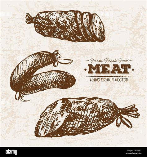 Hand Drawn Sketch Sausages Meat Products Set Farm Fresh Food Black