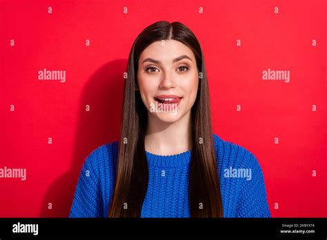 Photo Portrait Brunette Licking Lips Hungry Funky Isolated On Vibrant Red Color Background Stock