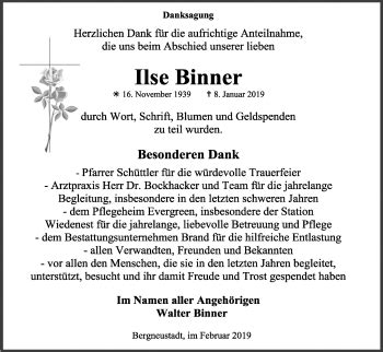 Traueranzeigen Von Ilse Binner Wirtrauern