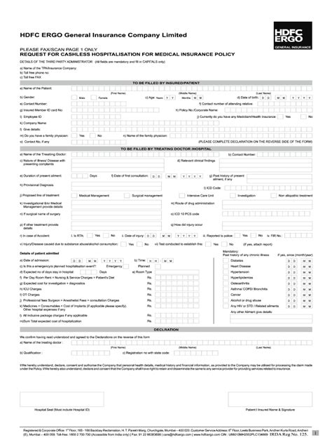 Fillable Online Pre Authorization Claim BFormb HDFC Ergo Fax Email