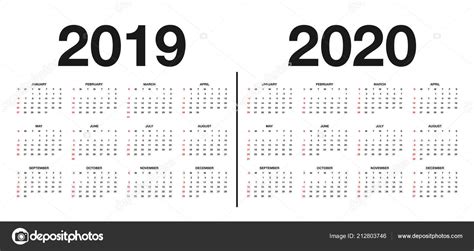 Plantilla Calendario 2019 2020 Diseño Calendario Colores Blanco Negro