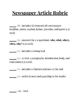 Newspaper Article Rubric by Rachel Call | TPT