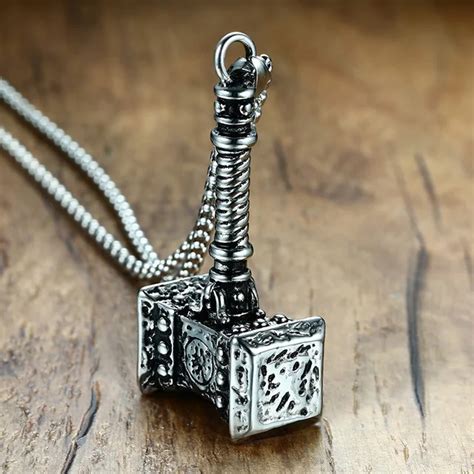 Mens Solid Viking Thors Hammer Pendant Necklace Stainless Steel Vintage