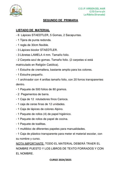 Listado De Materiales Para El Curso Ceip Virgen Del Mar La R Bita