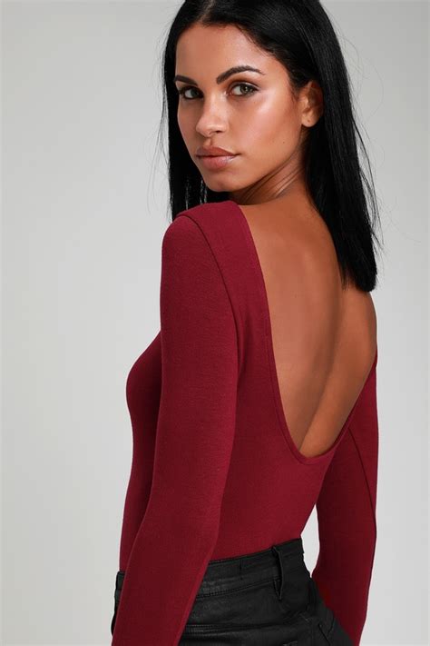 Fun Burgundy Bodysuit Long Sleeve Bodysuit Scoopback Bodysuit Lulus