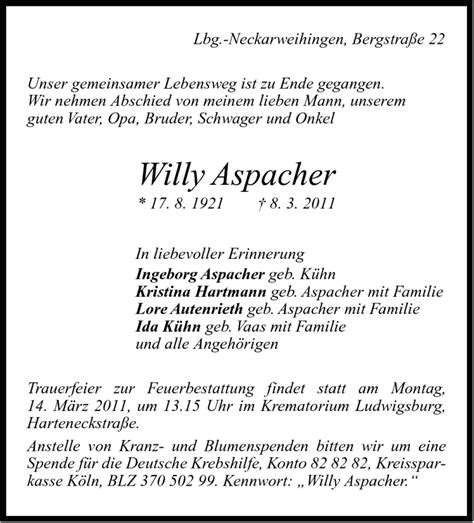 Traueranzeigen Von Willy Aspacher Stuttgart Gedenkt De