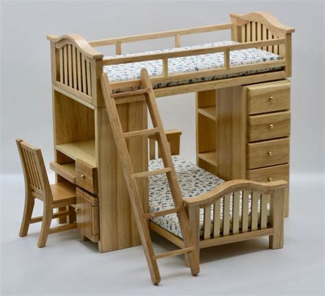 Dollhouse Miniature One Inch Scale 1 12 Oak Bunk Bed Set Etsy Bunk