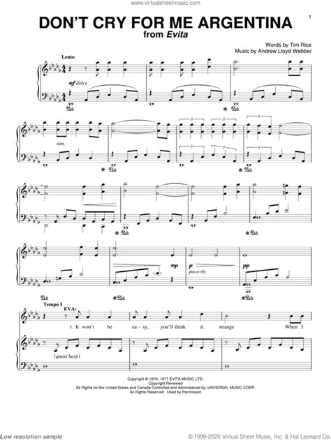 Dont Cry For Me Argentina Sheet Music For Voice And Piano V3