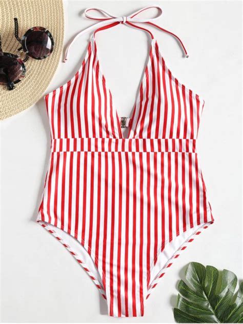 45 Off 2020 High Leg Striped Cut Out Plus Size Swimsuit In Red With