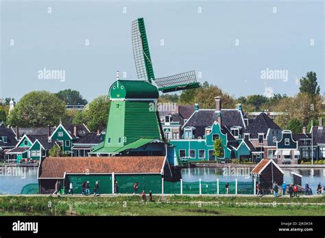 Zaanse Schans, Netherlands - May 4, 2022: Traditional old windmills in