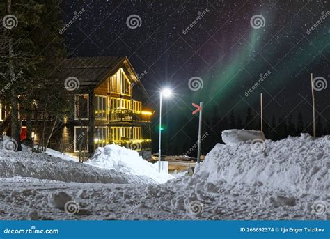 Ski Resort at Night. Sweden Ski Resort are at Night. Wooden Cottages in ...