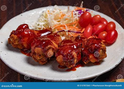 Korean Fried Chicken With Gochujang Sauce Spicy Sauce Stock Photo