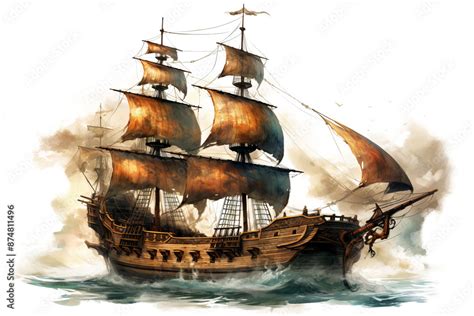 Ancient Pirate Ship Illustration In Png Style With Transparent