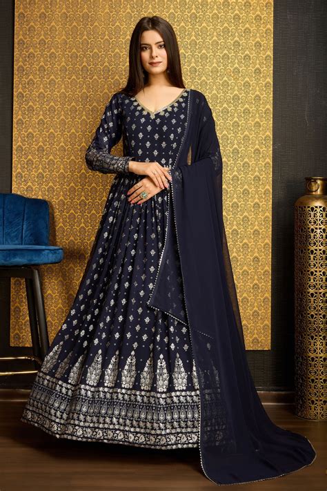 Shop Navy Blue Pakistani Georgette Anarkali Suit Online Shopping For