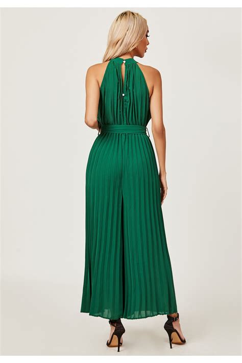 Halter Neck Pleated Jumpsuit In Green Goddiva