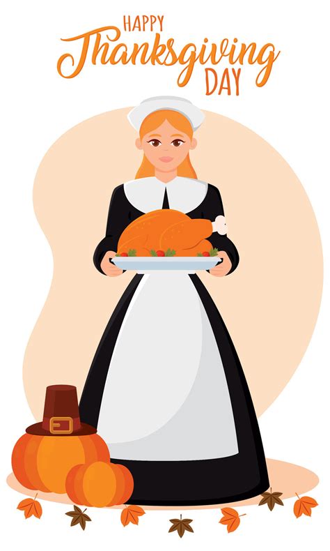 Cute girl character with pilgrim clothes Happy thanksgiving day Vector ...