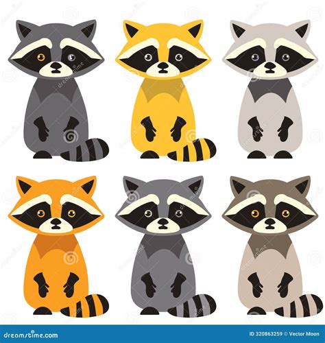 Six Cartoon Raccoons Different Fur Colors Expressions Cute Raccoon