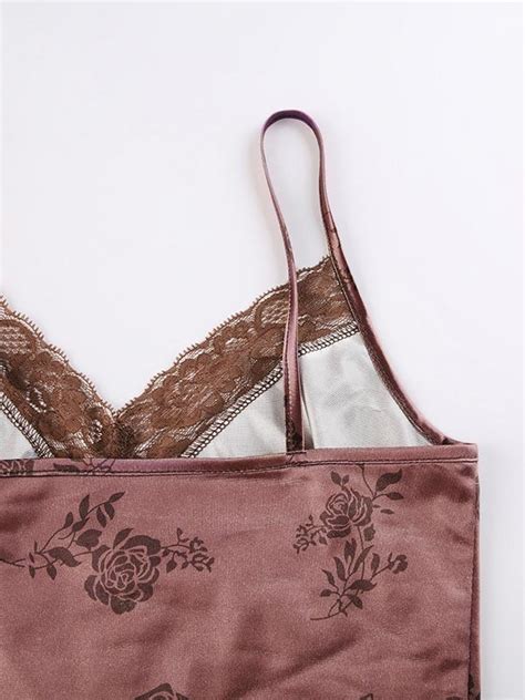 Floral Lace Paneled Satin Crop Cami Top Brown S In Tank Tops