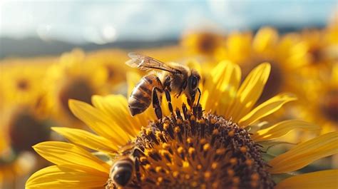 bee pollinating sunflower image   stockcake