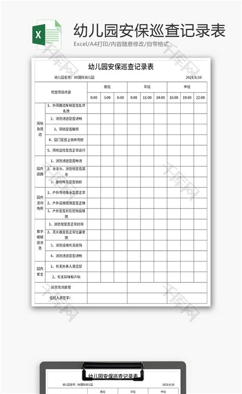 幼儿园安保巡查记录表Excel模板 千库网 excelID148370