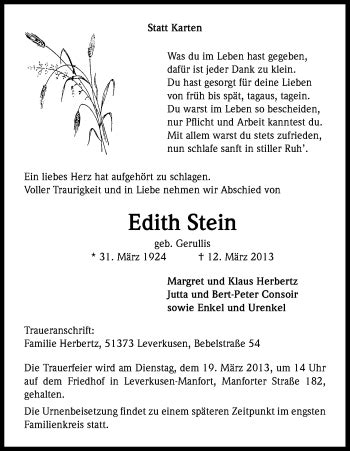 Traueranzeigen Von Edith Stein Wirtrauern