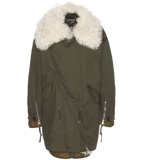 Balenciaga Khaki And Cream Shearling Trimmed Cotton Parka Womens Runway Fashion Clothes