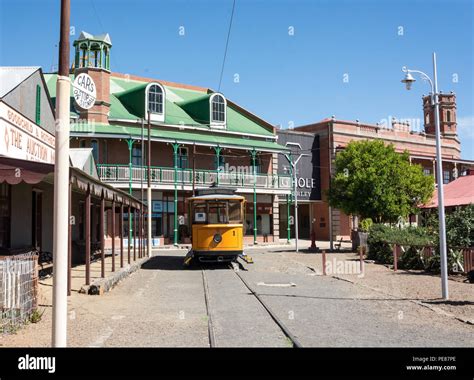 View of vintage tram and old buildings at Big Hole museum town Stock ...