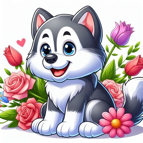 Premium Vector Cute Siberian Husky Dog And Flowers Vector Cartoon