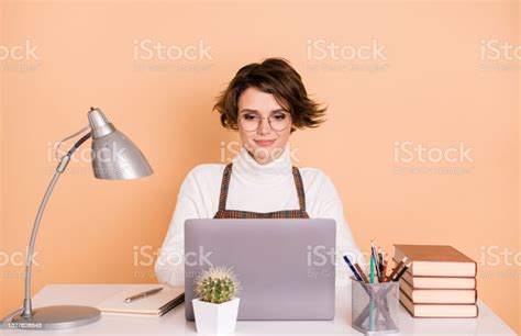 Photo Of Optimistic Nice Short Hairdo Girl Sit Type Laptop Wear